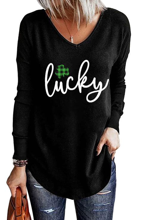 Black Lucky Clover Graphic Print V Neck Top